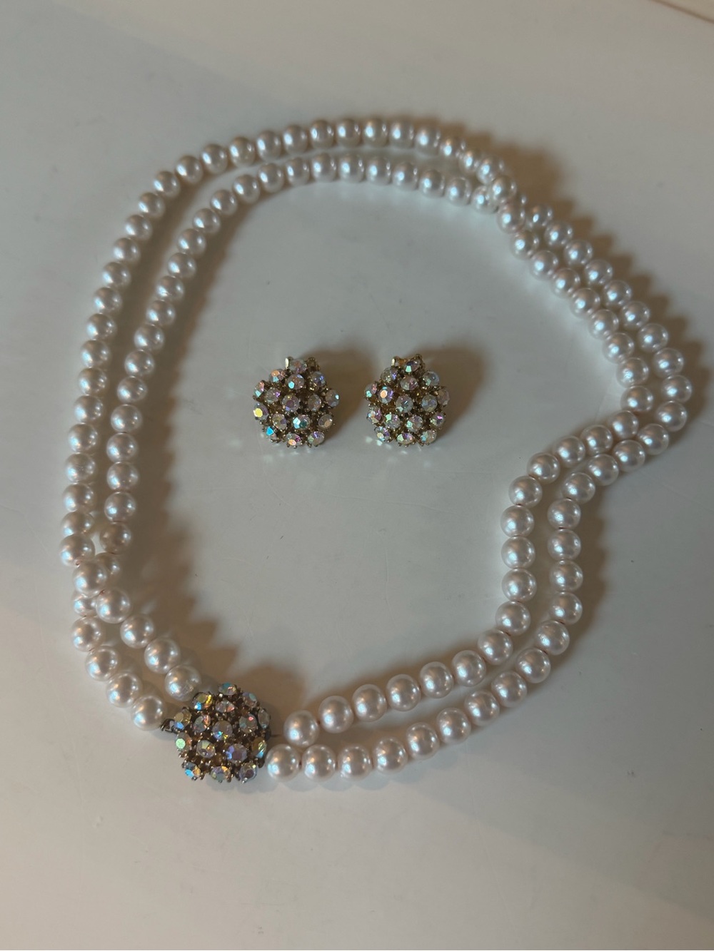 Faux Pearl Vintage Double-Strand Necklace with Crystal Cluster Accent - White